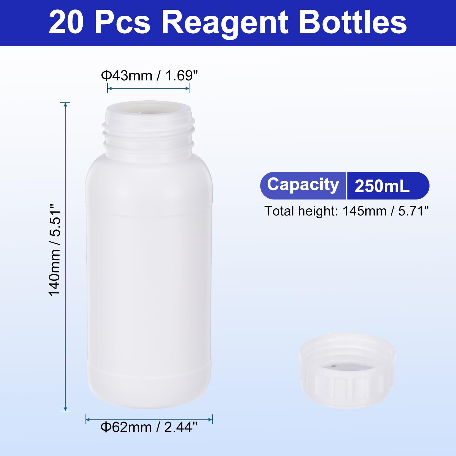 PATIKIL 20Pcs Bouteilles de Réactif de 250 ml, Bouchon à Vis, en PE, à Col Étroit, pour Stockage de Liquides Réactifs de Laboratoire, d'Échantillons Solides, Translucides Blanches