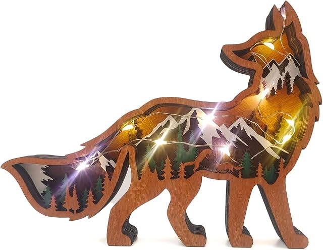 VKTY Wooden Fox Decor Wooden Animal Fox Desktop Ornament with Light Carved Fox Decor Forest Animal Home Ornament Shelf Table Fox Silhouette
