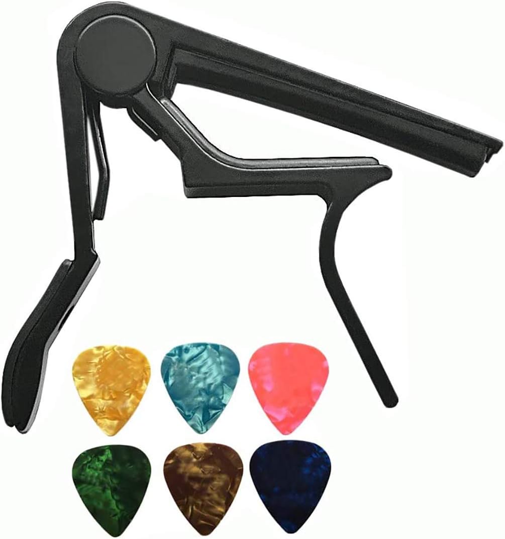 SYOSI 2 Pack Black Guitar Capos, Trigger Capo Key Clamp, Quick Change Acoustic Guitar Accessories With 12 Pcs Guitar Picks