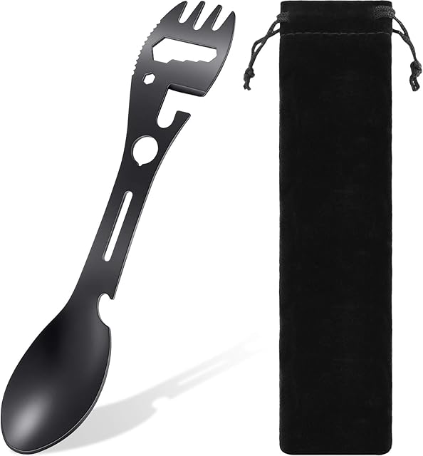 Utility Camping Spork Functional Spork Stainless Steel Spork Outdoor Spoon Fork Bottle Can Opener 10 Functions 1 Design for Travel Eating Tool Easy to Store Cloth Case (Black)