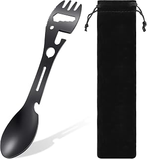 Utility Camping Spork Functional Spork Stainless Steel Spork Outdoor Spoon Fork Bottle Can Opener 10 Functions 1 Design for Travel Eating Tool Easy to Store Cloth Case (Black)