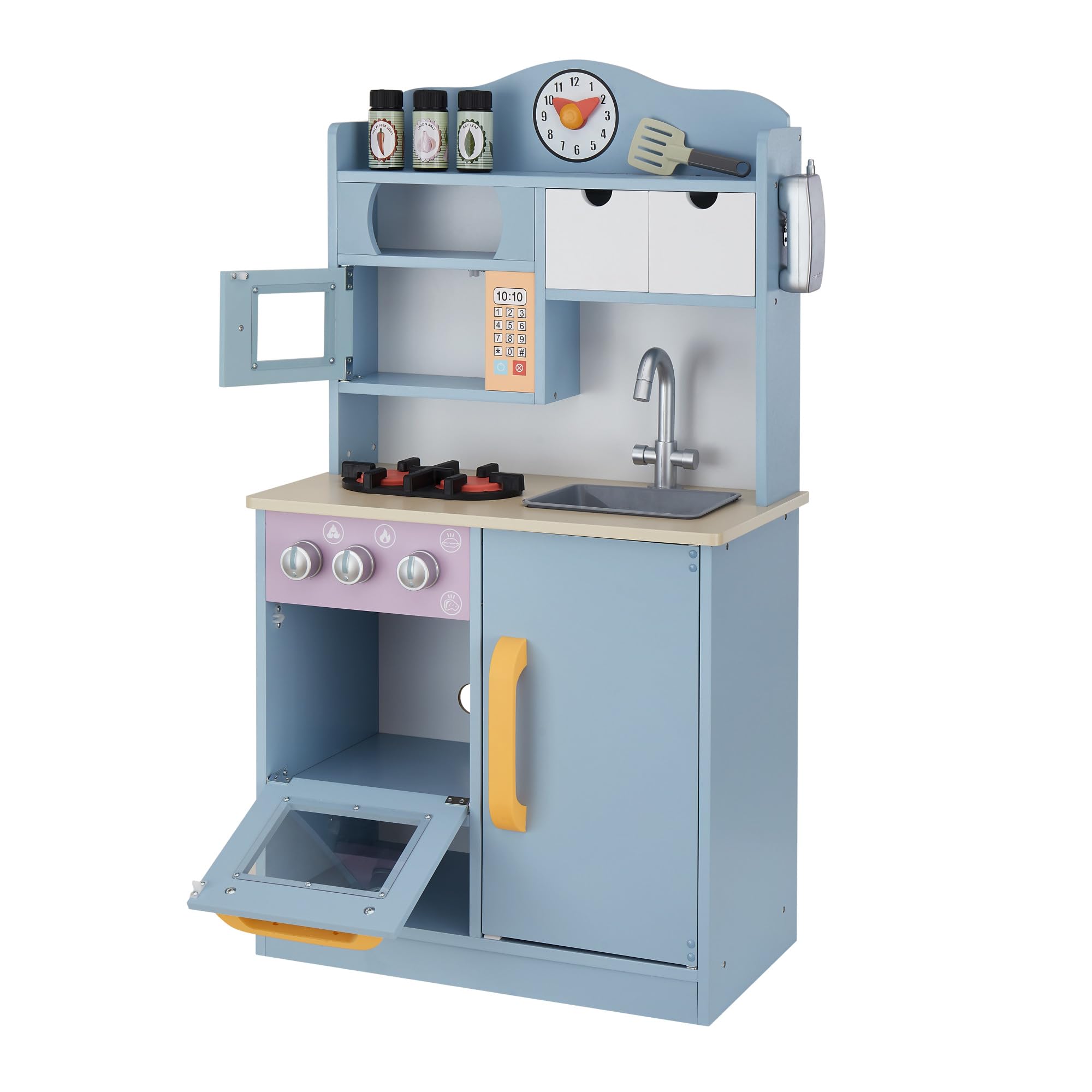 Teamson Kids Little Chef Florence klasyczna drewniana kuchnia dla dzieci z kuchenką, zlewozmywakiem, piekarnikiem, kuchenką mikrofalową i akcesoriami w kolorze jasnoniebieskim, bzu i brzoskwiniowym