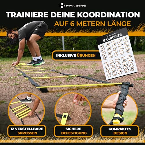 Manberg® Fußball Trainingsset Pro – Koordinationsleiter 6m, 12 Hütchen, Widerstandsschirm, Kick-Trainer – Komplettes Trainingszubehör für Kinder & Erwachsene