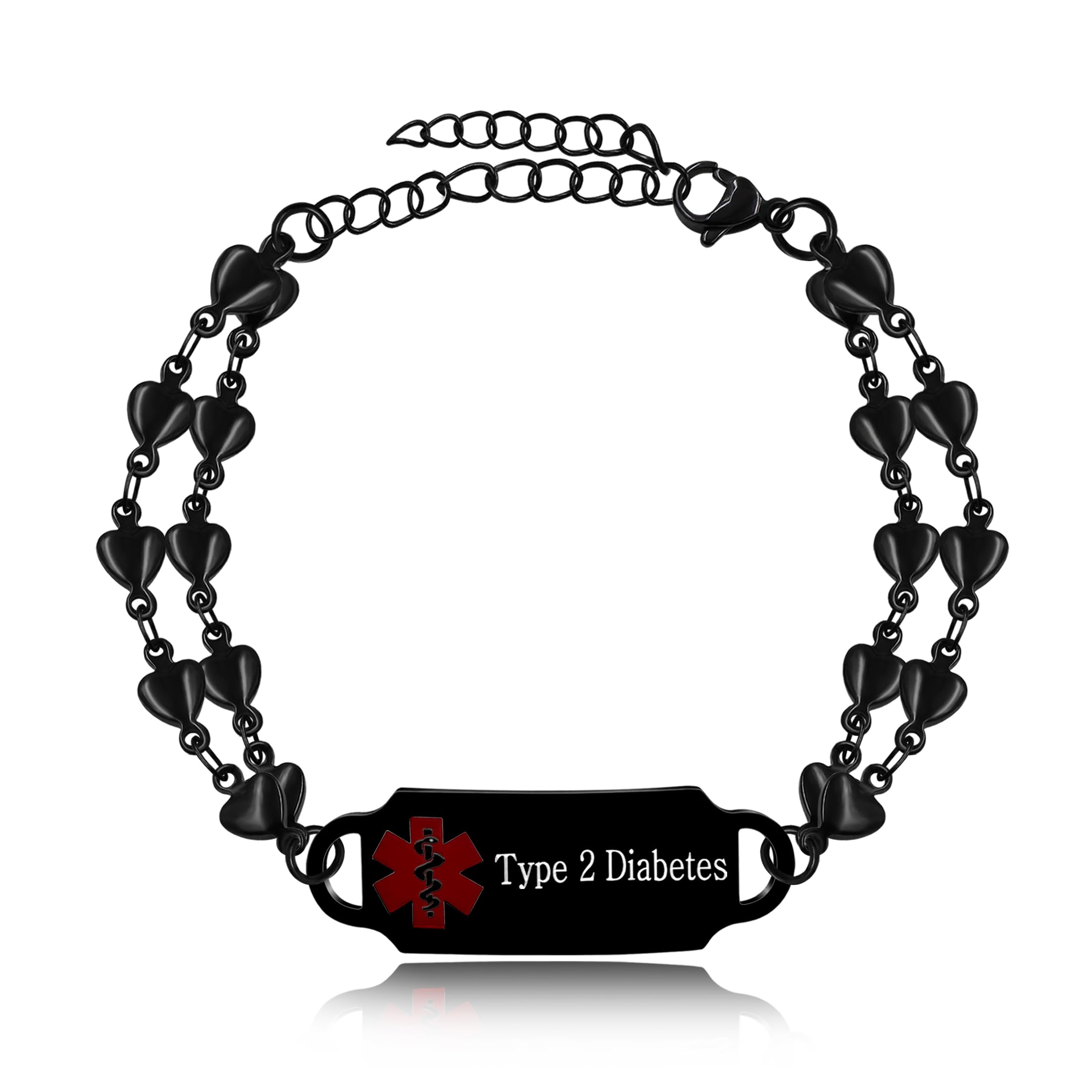 YA5199 Bracelet d'identification médicale d'urgence double brin réglable en forme de cœur étanche pour homme Noir en acier inoxydable