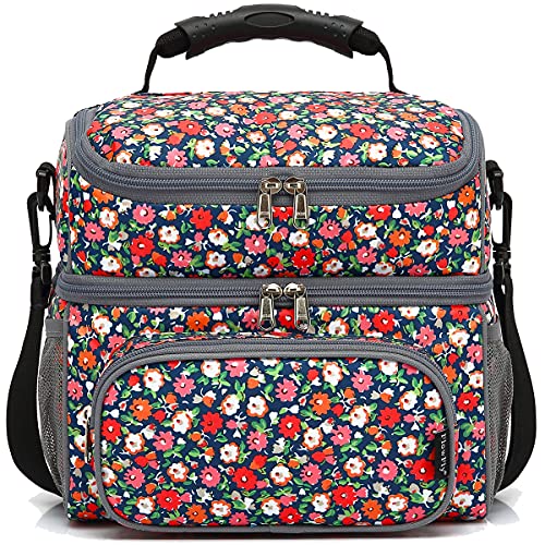 Flowfly Double Layer Cooler Insulated Lunch Bag Adult Lunch Box Large Tote Bag For Men, Women, With Adjustable Strap,Front Pocket And Dual Large Mesh Side Pockets,Floral #TOP5