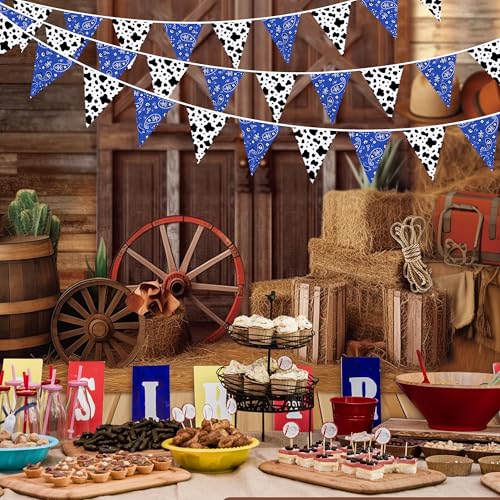 Image of 32Ft Western Cowboy Party Decorations Blue Paisley Bandana Pennant Banner Fabric Triangle Flag Wild West Garland Streamers for Western Cowboy Birthday Yee Haw Country Baby Shower Party Decor Supplies