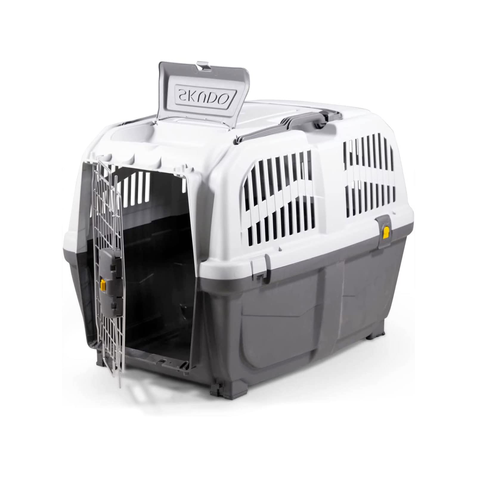 Mondo Viro - Transportín para perros y gatos de polipropileno con puerta de metal con cierre de seguridad de doble mando: cumple con las normas para el transporte aéreo en dos tamaños (grande 68 x 48