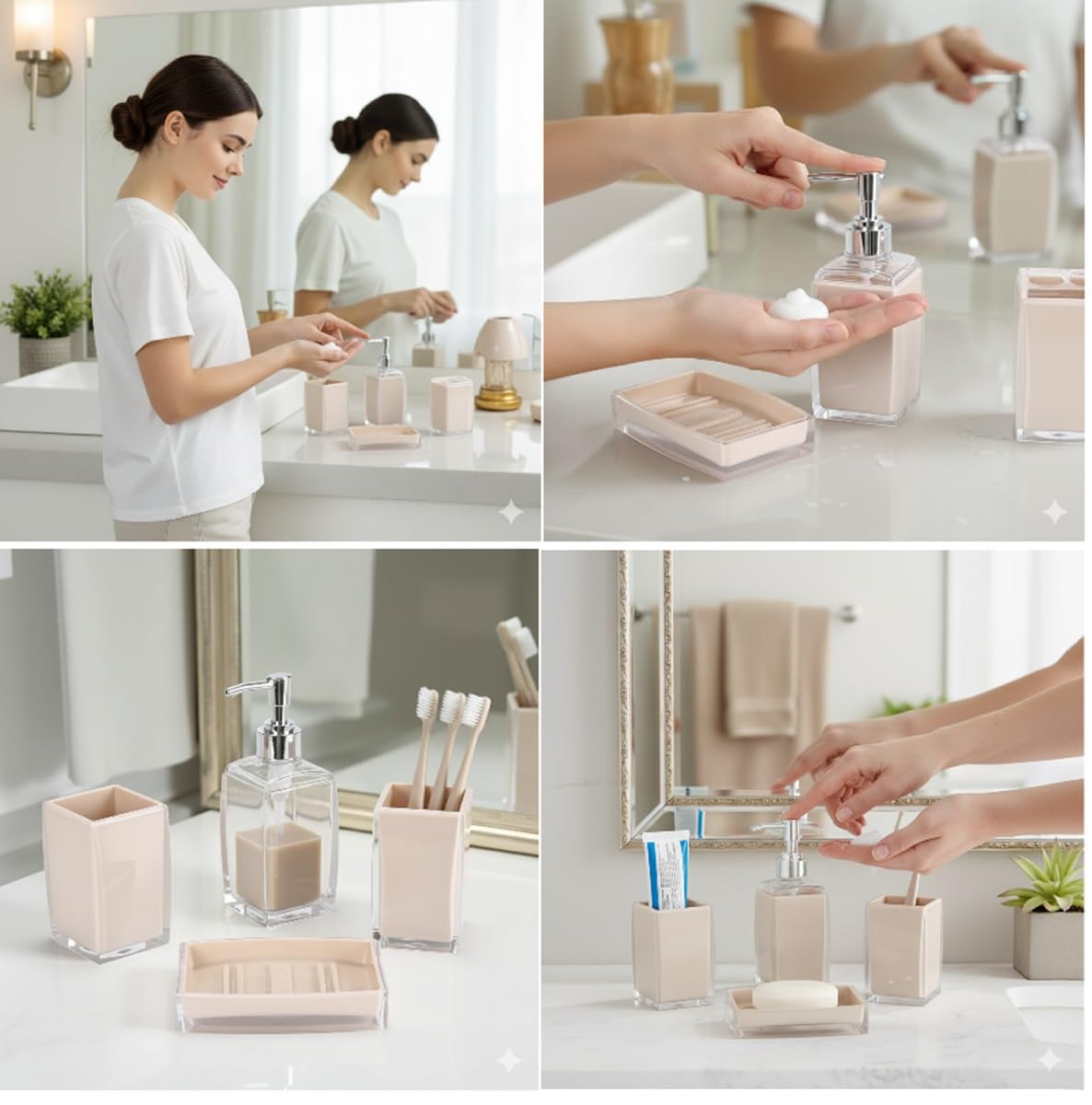 Badaccessoire-Set 4-teilig, Seifenspender, Zahnbürstenhalter, Schale & Organizer Beige