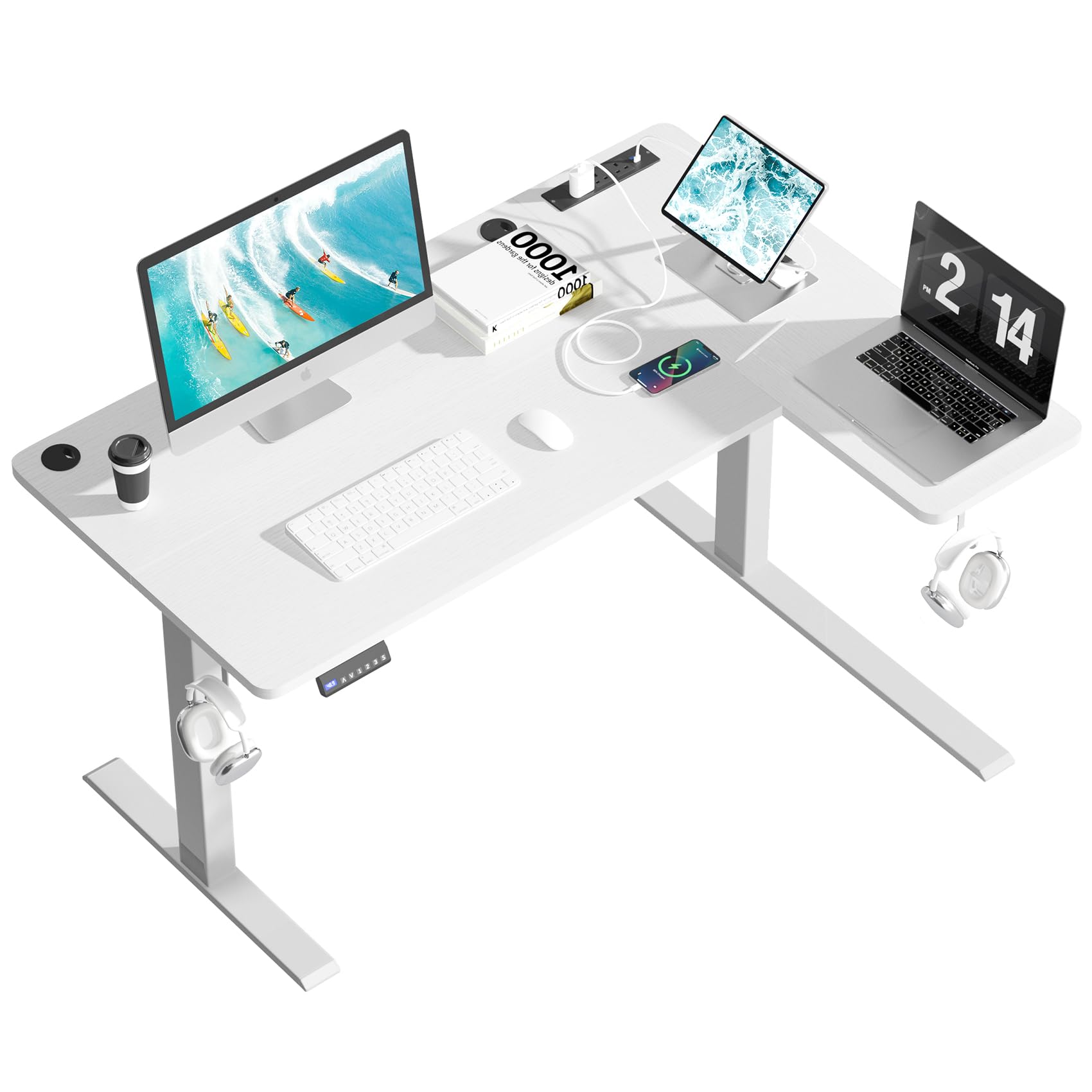 COWISHElectric Standing Desk 120x60cm Sit Stand Table Height Adjustable L Shaped Standing Desk with Built-in Power Outlet & Memory Smart Panel, White