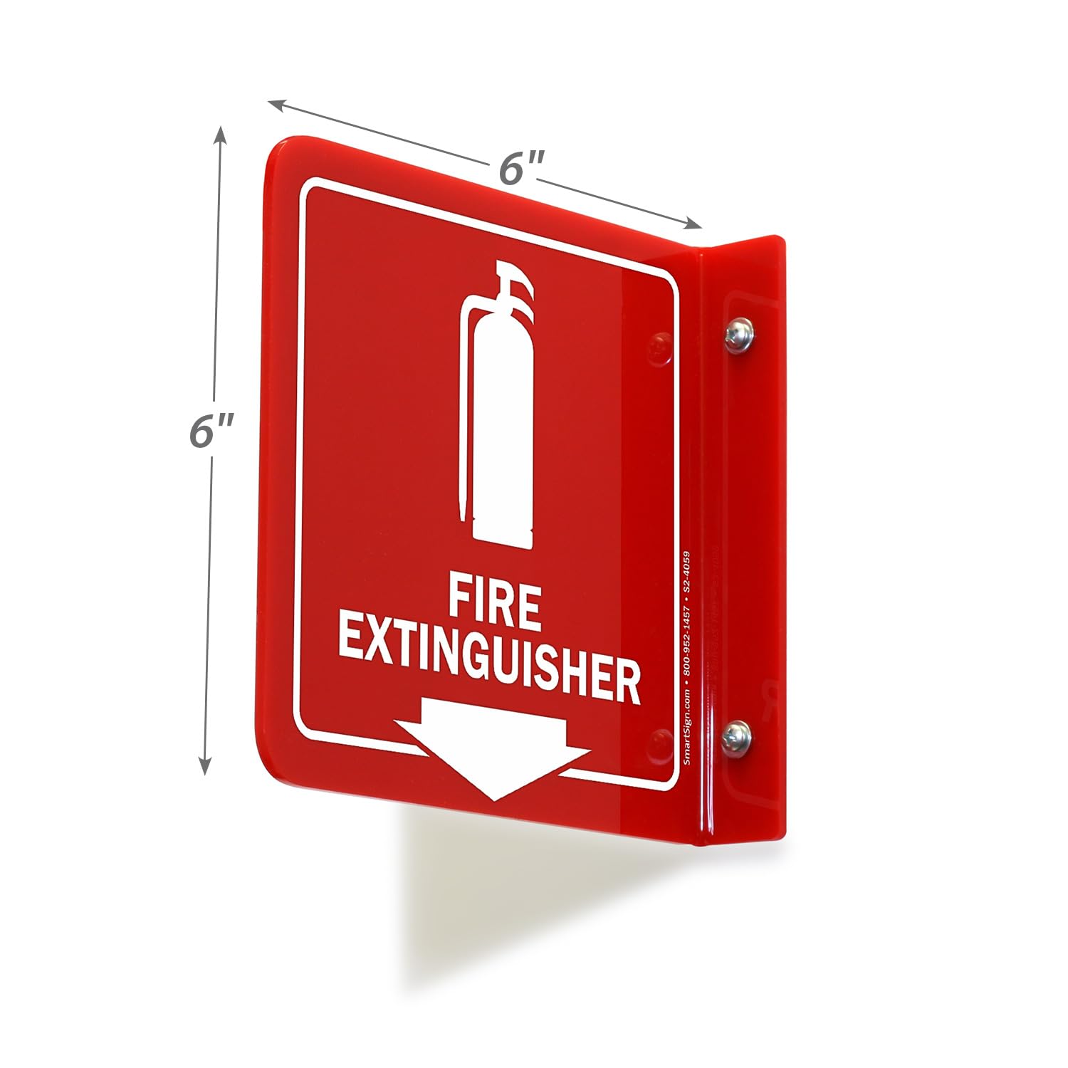 SmartSign Letrero de proyección de extintor de incendios, 6 x 6 pulgadas, acrílico pulido de dos caras para montaje en pared con flecha hacia abajo, blanco sobre rojo, fabricado en Estados Unidos