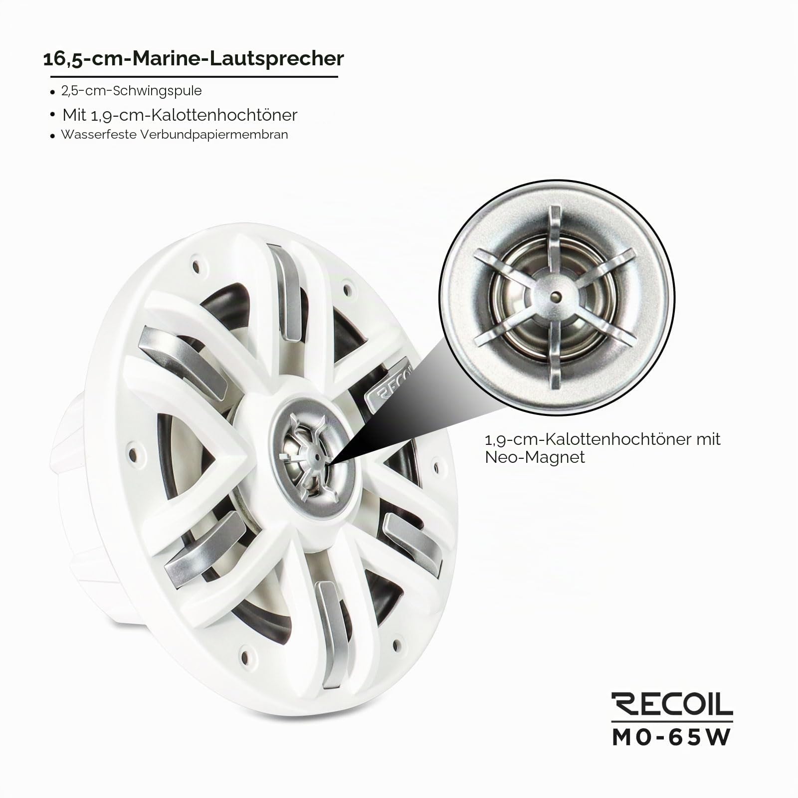 RECOIL M0-65W 177mm（6,5 Zoll） 2 Wege Marine Lautsprecher Paar 240 Watt 4 Ohm mit weissen Grills Fuer Boote UTV ATV
