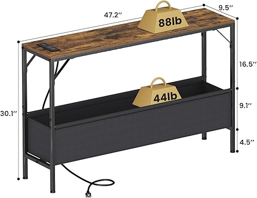 Miniatura 3 de Mesa consola con estación de carga y cesta de almacenamiento, 47.2 pulgadas, mesa detrás del sofá con tomas de corriente, puertos USB, mesa de