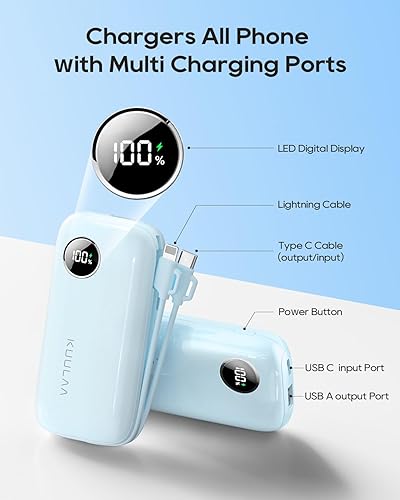 Miniatura 4 de Kuulaa Cargador portátil con cable integrado, batería externa para iPhone de 10000 mAh, carga rápida, PD20W, USB C, batería externa portátil, 3