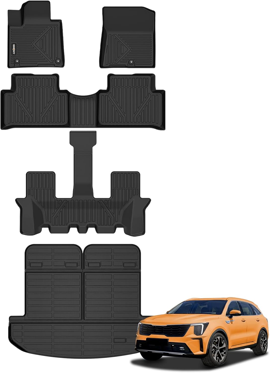 GINOWY-Floor Mats & Cargo Liner Set for Kia Sorento 2021-2025(Only Petrol Models), All Weather Mats Sorento Cargo Mat Trunk Mat Trunk Liner TPE Rubber Liners Car Accessories Floo Mat Black Sorento 2021-2025(set for petrol)