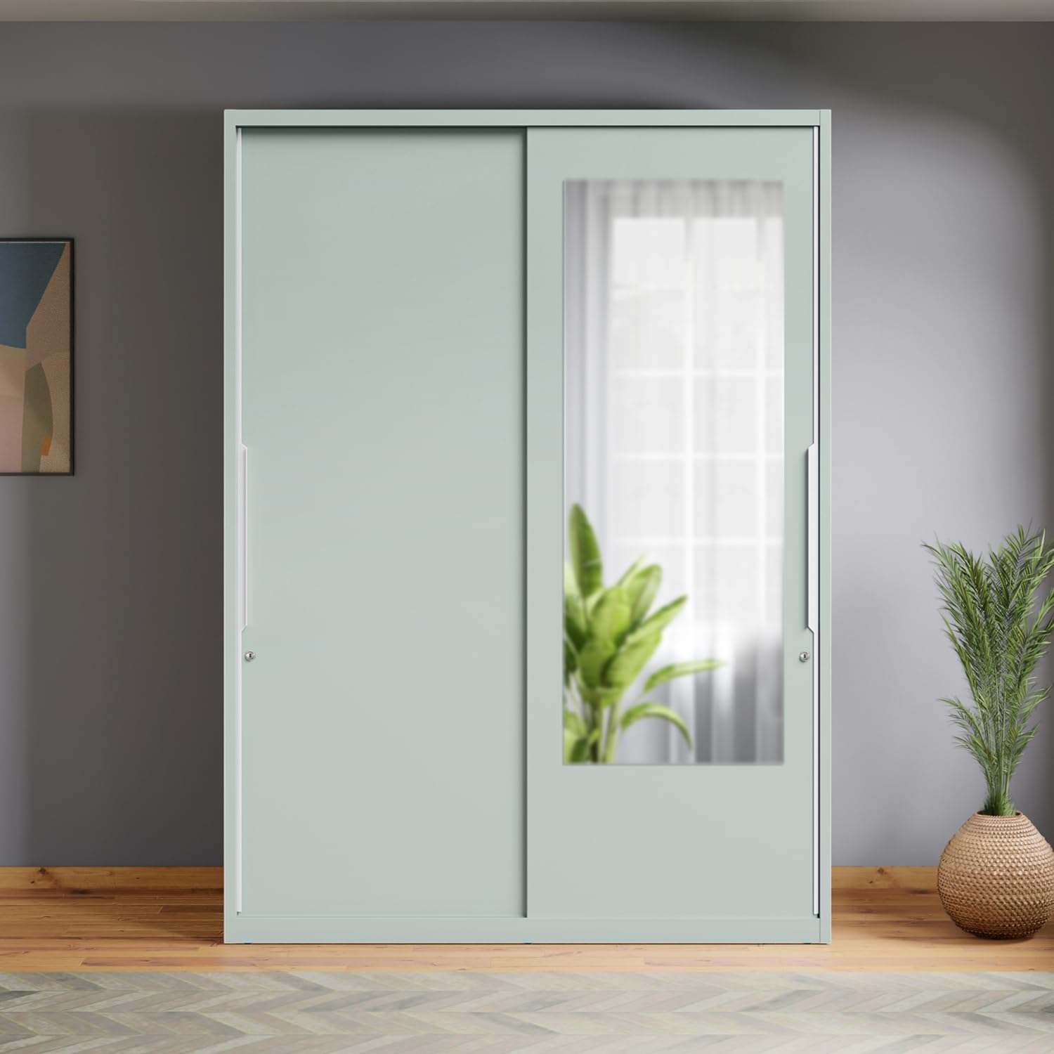 Interio by Godrej Slide N Store XL Plus 2-Door Steel Wardrobe with Mirror (Matte Sky Gray), 1-Year Warranty, 2 Drawers-image-38
