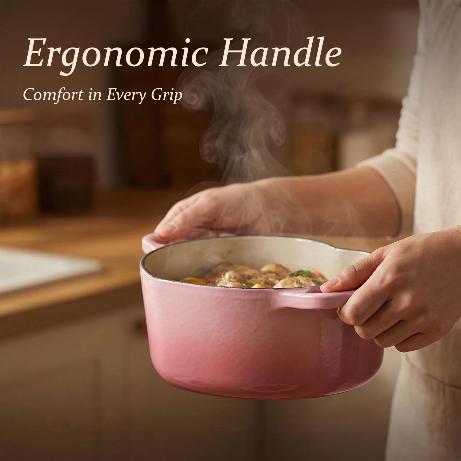 OVERMONT Cocotte Cœur en Fonte Émaillée, 1,9 L, Rose Pastel | Avec couvercle et livre de recettes; idéale pour cuire, mijoter et rôtir; cadeau élégant pour mariage et fêtes.