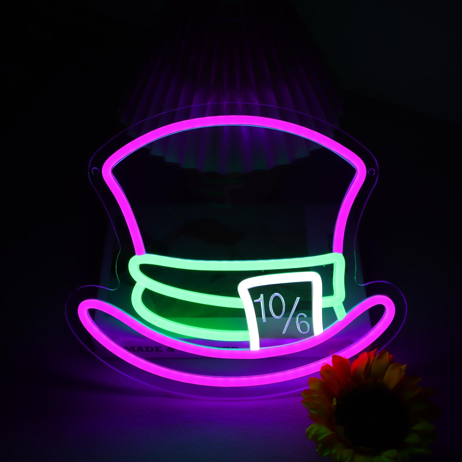 Tiabuy Mad Hatter Hat Neon Signs for Wall Decor Dimmable Alice in Wonderland LED Lights for Bedroom Man Cave Party Bar Background Decoration Birthday and Halloween Gifts, 11.42 * 9.8 Inches