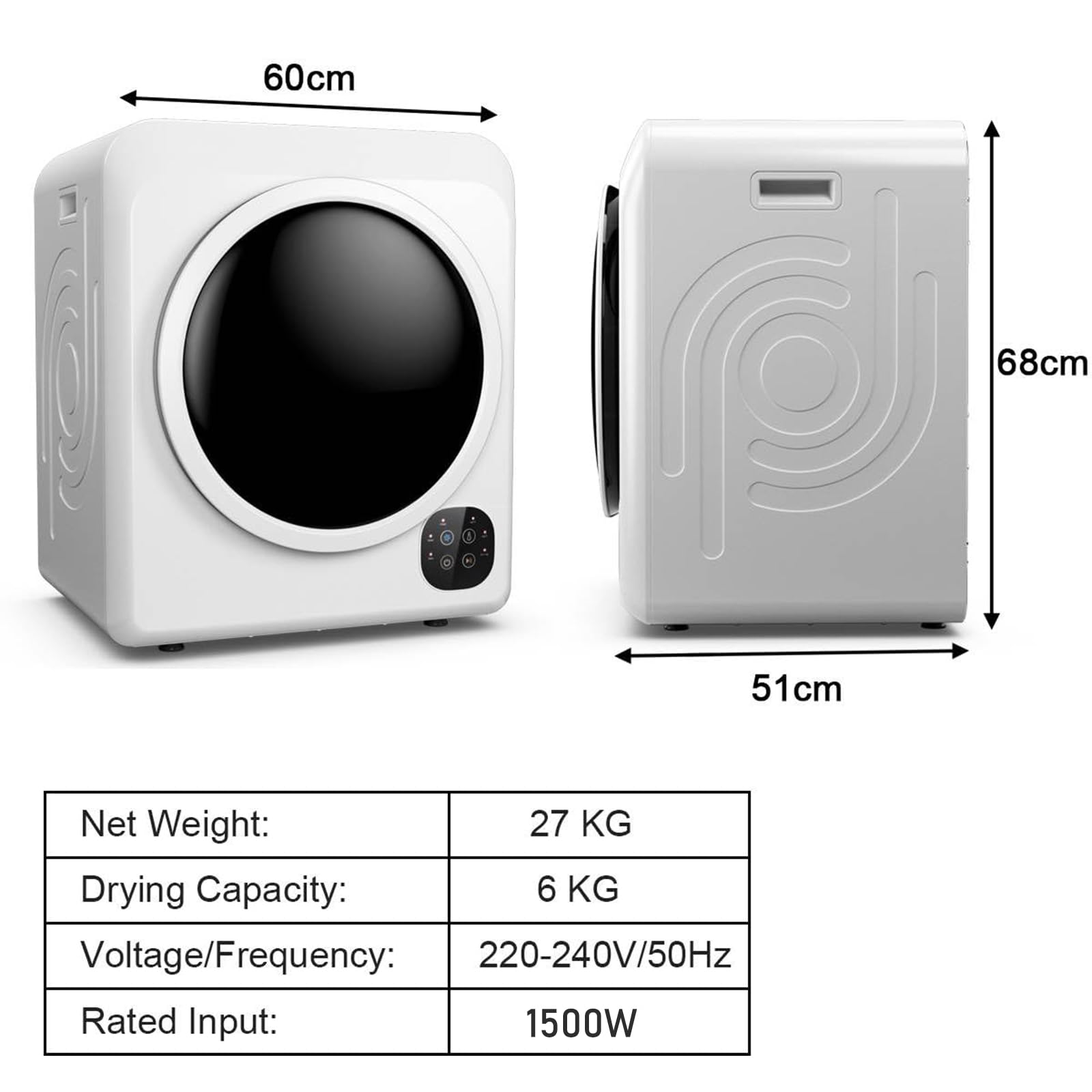 ZMIN Asciugatrice ventilata da 6 kg, Mini asciugatrice Portatile da 1500 W con Pannello di Controllo Intelligente, Vasca in Acciaio Inossidabile, asciugatrice elettrica compatta,Bianca,A