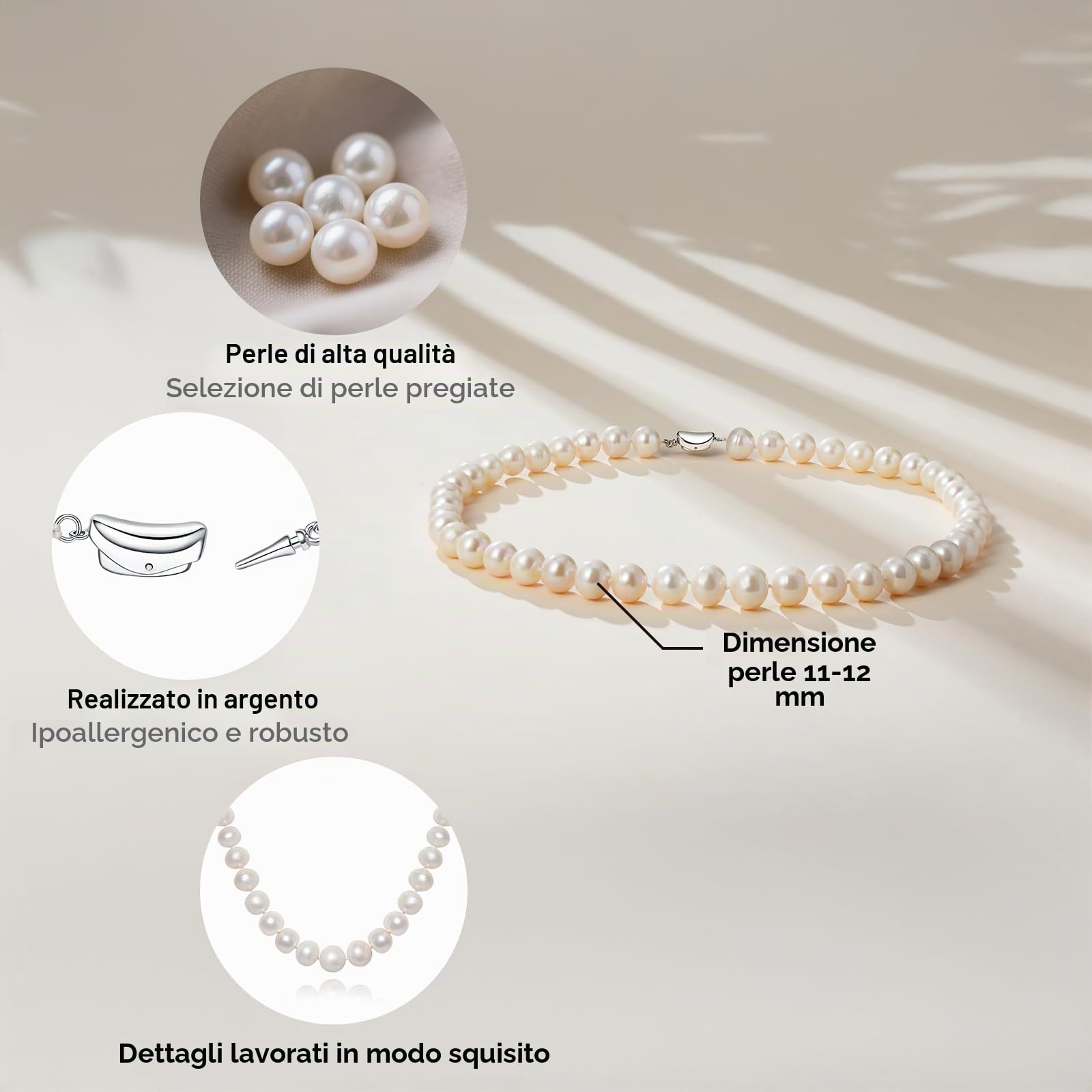 YAMI set perle (collana + bracciale + orecchini), perle di alta qualità coltivate in acqua dolce, argento 925 sterling ipoallergenico, qualità e bellezza, adatto come regalo di Natale, 45 + 5 cm