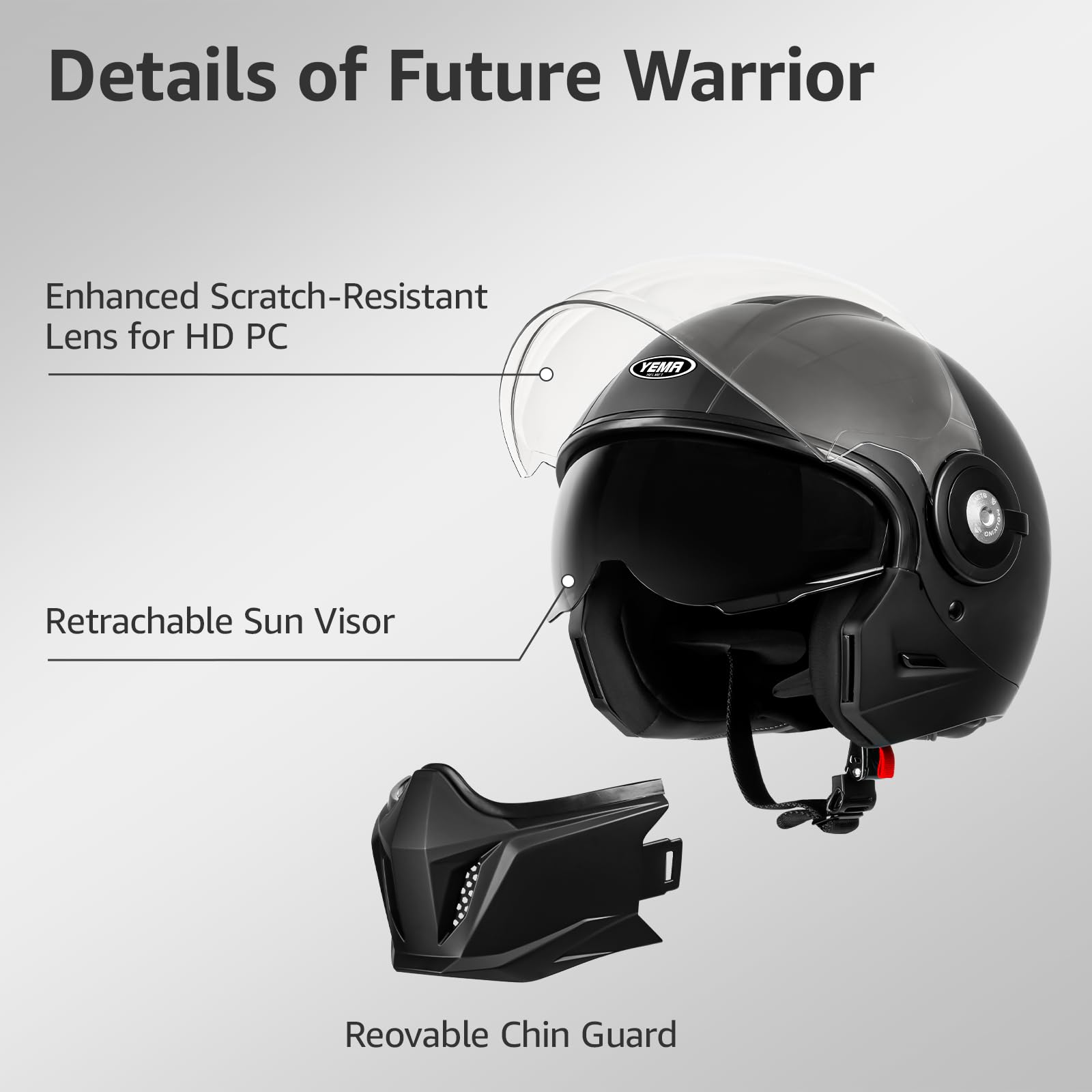 YEMA Convertible 3/4 Full Face Motorcycle Helmet DOT Approved - Dual Visor Motocross Off-Road Helmet for Adults, Modular Open Face Design for Street Bikes Scooters YM-653 (Black, Medium)