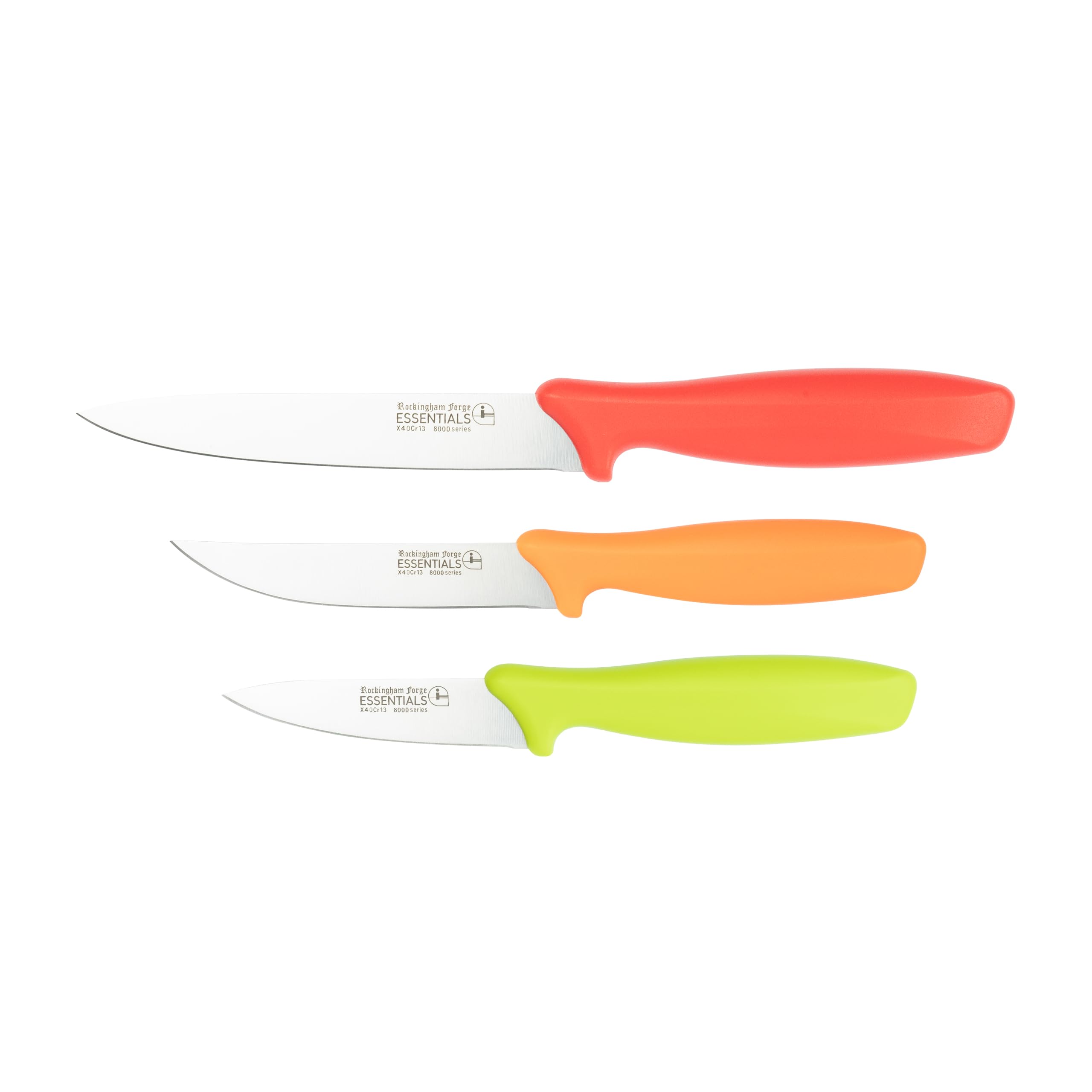 Rockingham Forge 3 Piece 8007 Essentials Range Utility Knife Set, Includes 9cm Paring, 11cm Steak & 12cm Utility, Green, Orange and Red Handles