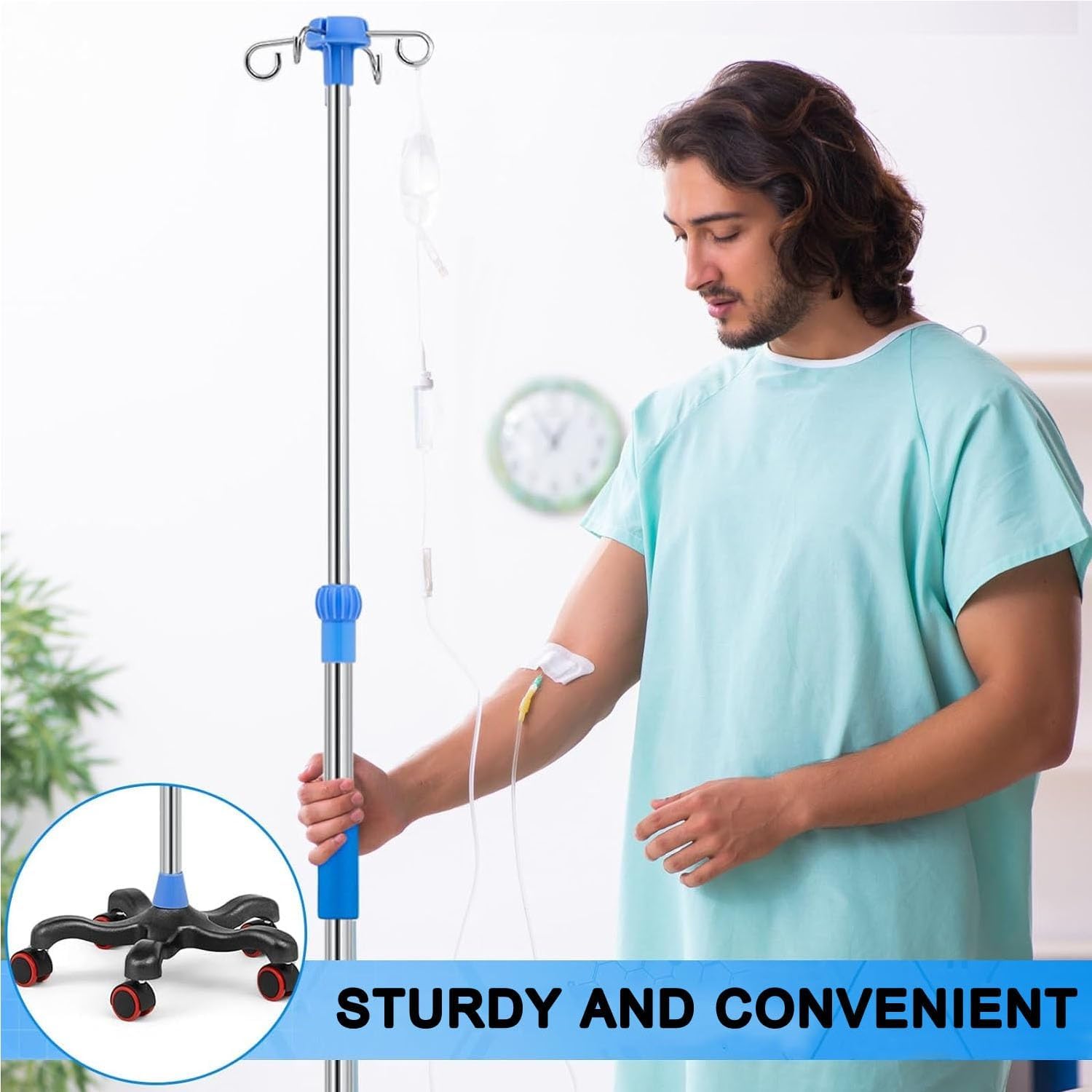 Wysuwany stojak do infuzji dożylnych, Stojak z kółkami 4 haczyki o regulowanej wysokości 110 cm-200 cm ze stali nierdzewnej do domu
