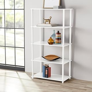No Tools 5-Shelf Bookcase, White, Tool-Free Assembly, 29.61x15.55x57.48 Inches, Manufactured Wood and Plastic
