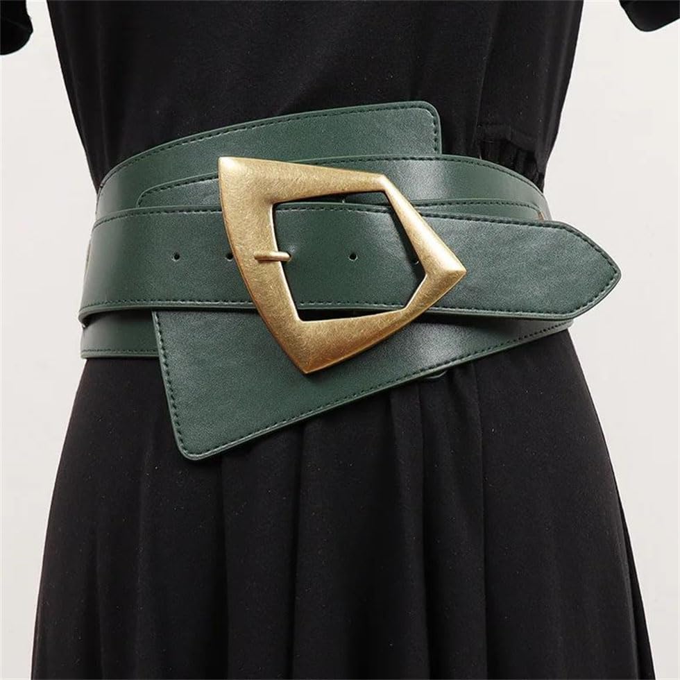 Pohullan Women Pu Elastic Leather Wide Belt Metal Buckle Waist Belt Dress Belt Accessories2