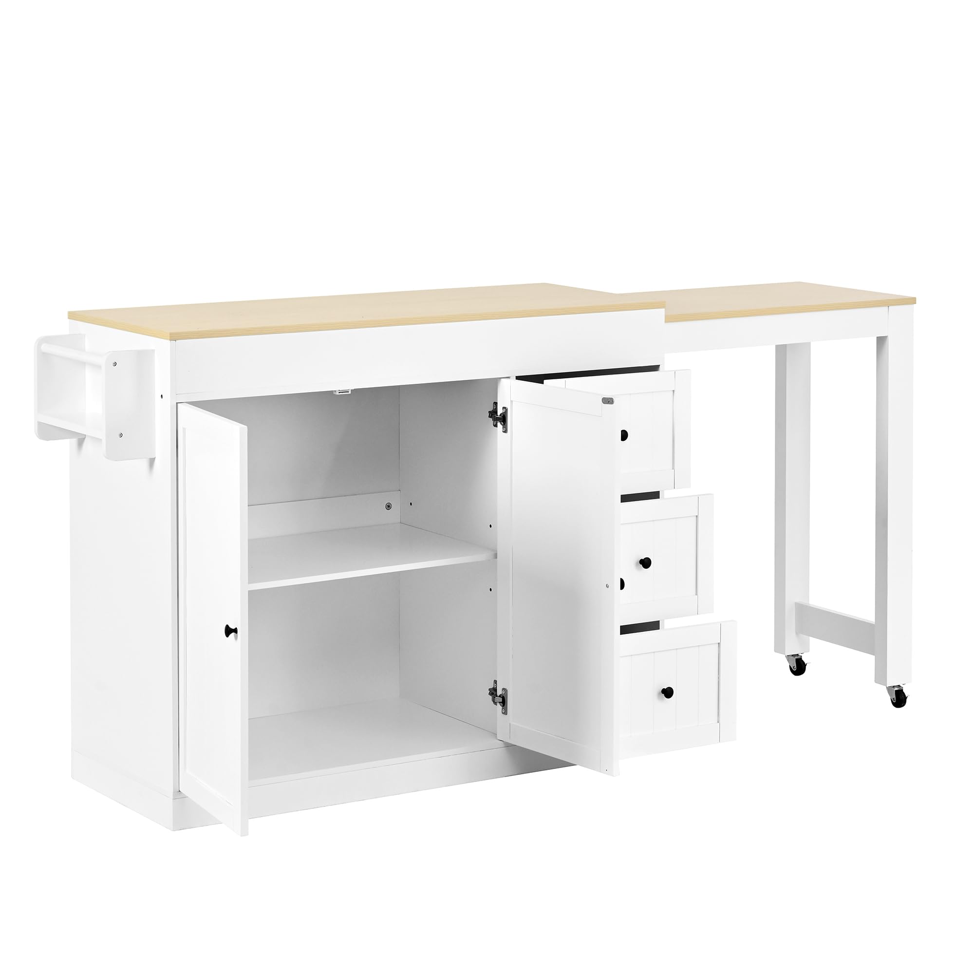 TIZZ Isola della cucina su ruote, zona pranzo allungabile isola cucina con portaspezie e cassetti, mobile autoportante, ideale per cucina e sala da pranzo (bianco)