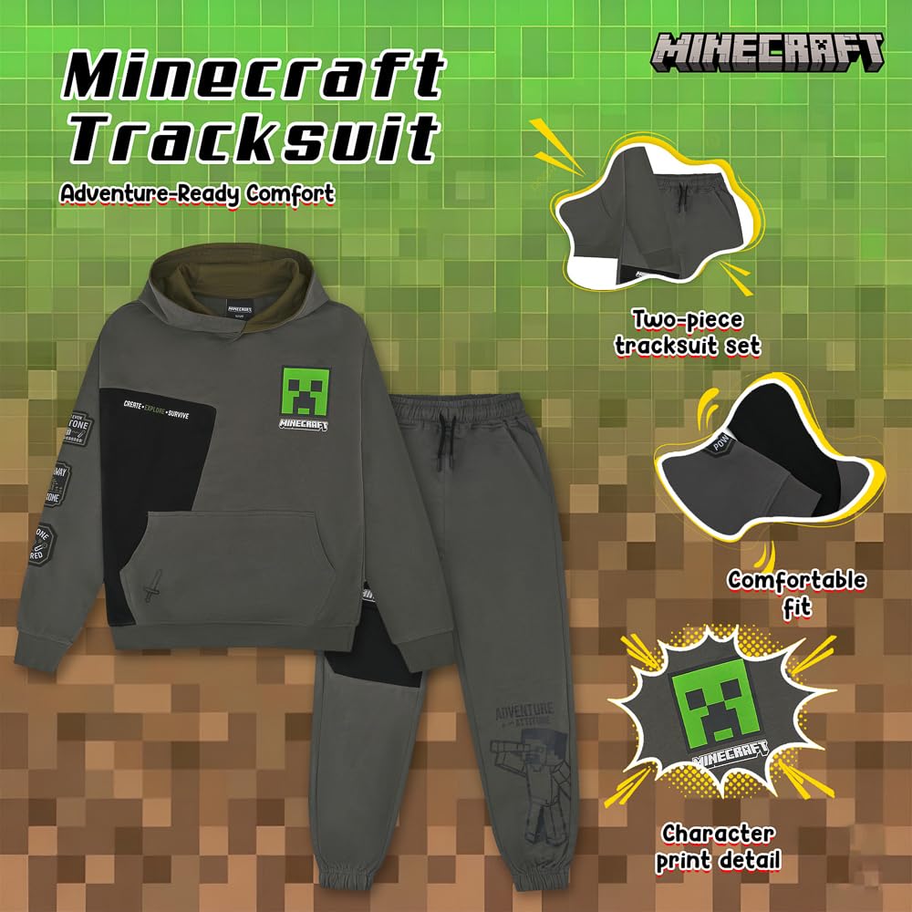 Minecraft Chándal para niños – Conjunto oficial de sudadera con capucha y pantalones deportivos para niños, chándal de algodón gris Creeper Gaming, edad 5-12 años
