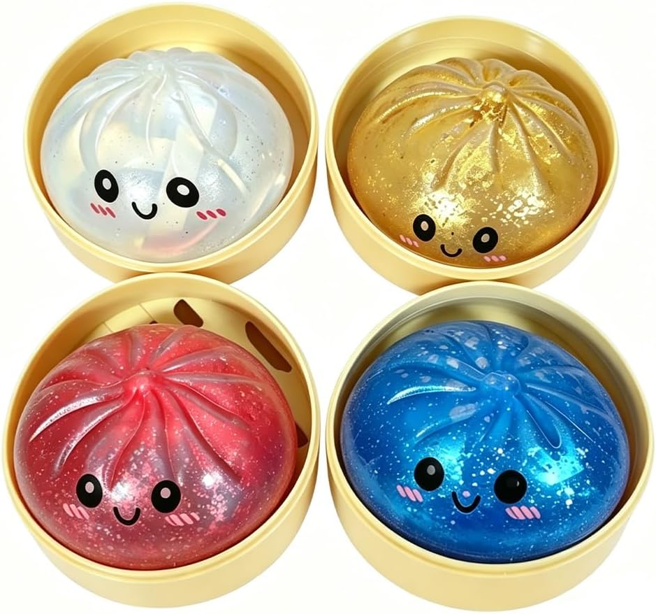 4PCS Shimmering Dumpling Stress Balls, Dumpling Mystery Box for Adults, Squeeze Dough Ball Stress Relief with Food Steamer,Suitable for Offices and Students