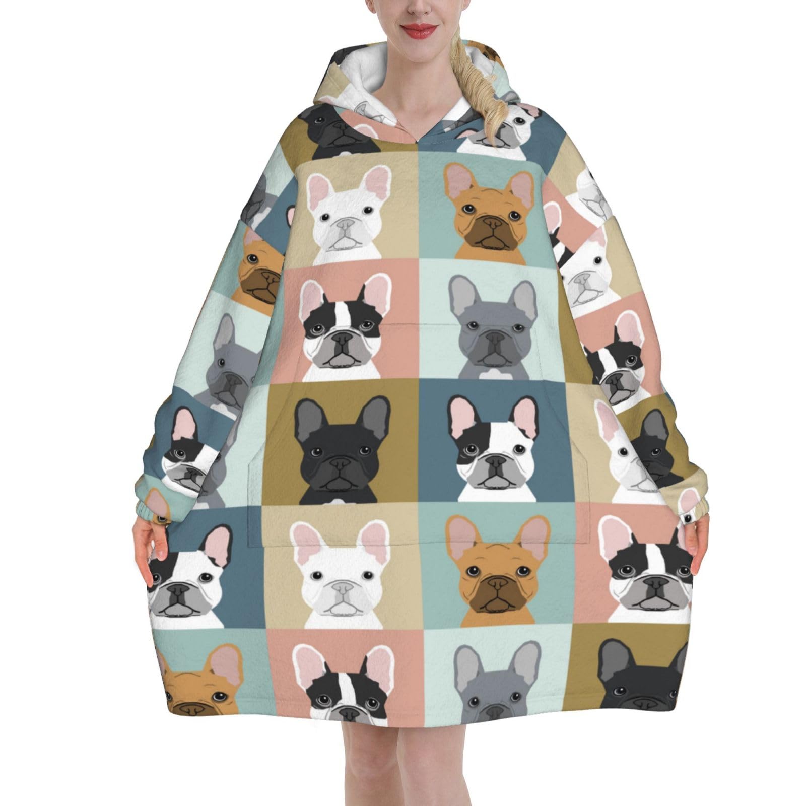 Yxdvpalne Unisex As Picture French Bulldog Oversized Women's Wearable Blanket Hoodie, Flannel Pullover Blanket, Blanket Sweatshirt