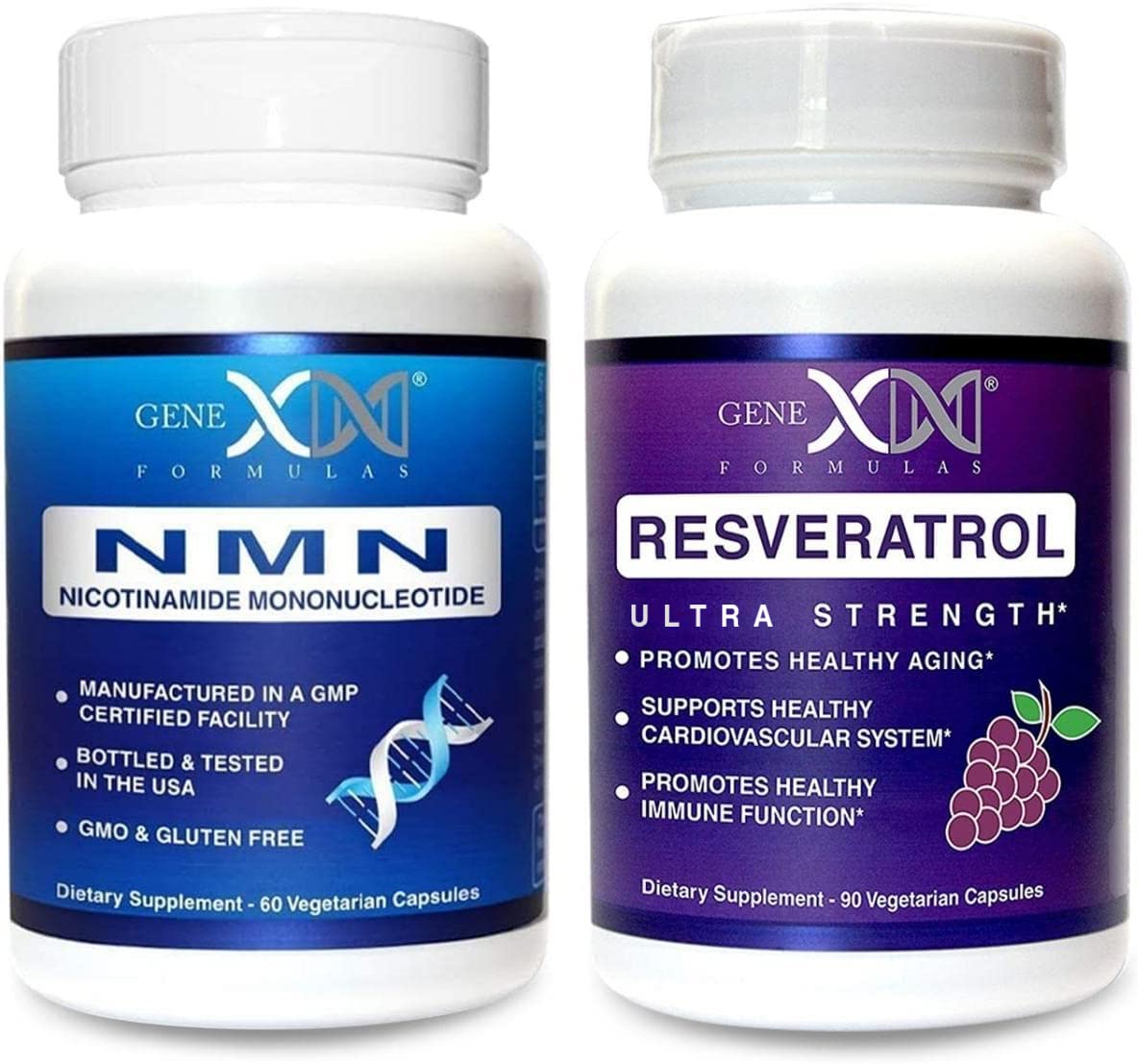 Genex Formulas NMN & Resveratrol Power Pack - Nicotinamide Mononucleotide Direct NAD+ Supplement 250mg Serving and Resveratrol 1500mg Serving.