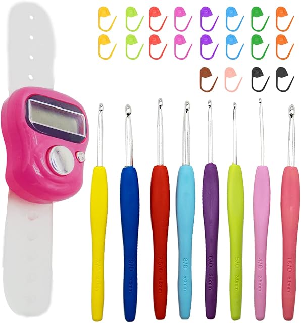 Knit Counter Knitting Crochet Stitch Marker Row Counter Set,Stitch counters for Crocheting,Finger Counter,8pcs Aluminium Soft Grip Rubber Handle Needles with 20pcs Locking Stitch Markers(Random Color)