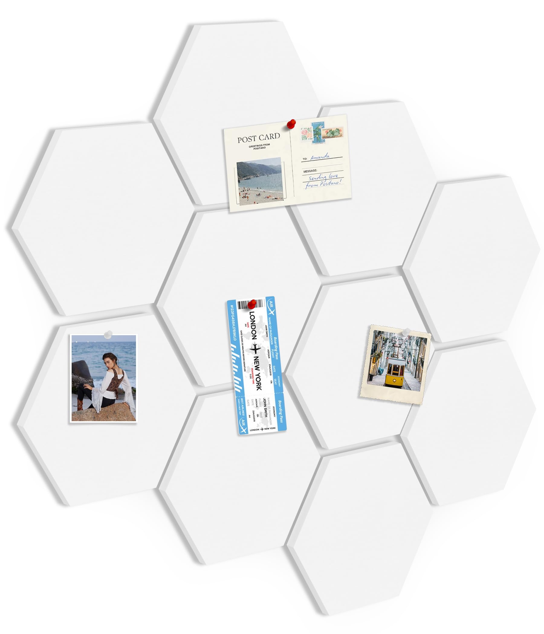 Toptople Large Hexagon Cork Board for Office, 10-Pack Felt Pin Board Tiles for Walls, Bulletin Notice Board with Push Pins for Photos, White