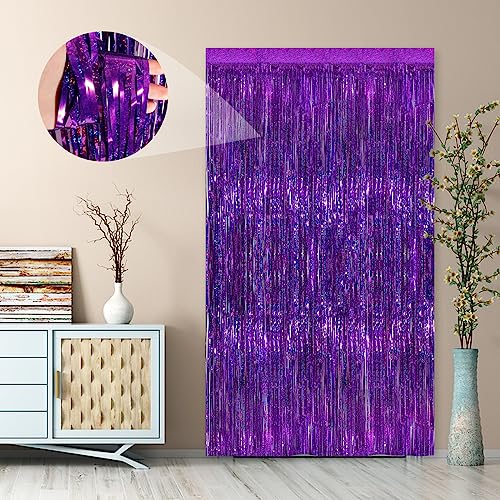 Image of 2 Pack Purple Metallic Tinsel Foil Fringe Curtains, Purple Streamers 3.3 x 8.3ft Party Streamers for Birthday Party Decorations, Foil Curtain Backdrop for Wedding Bachelorette Party, Halloween Decor