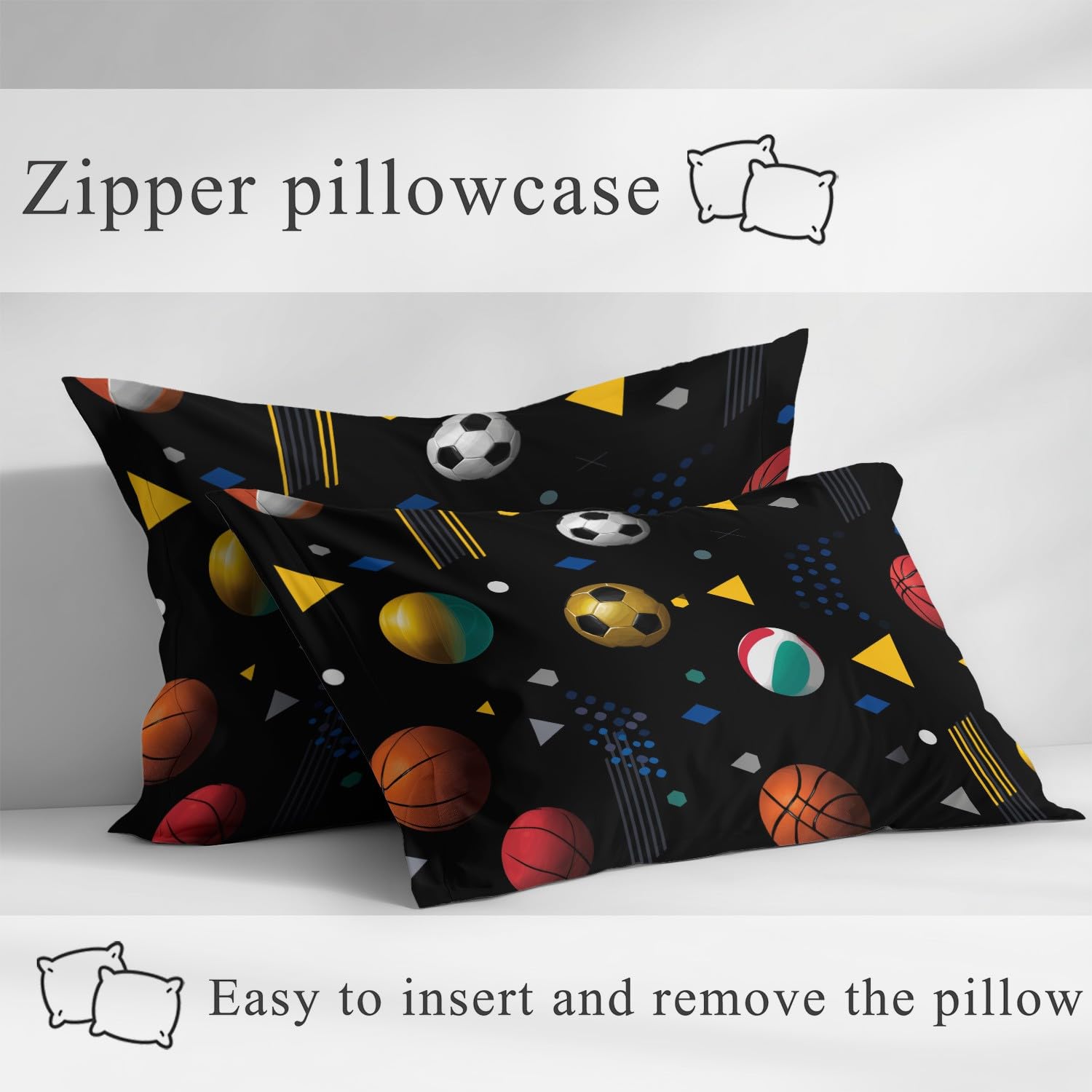 Sport Ballsport - Lenzuolo con angoli da 200 x 200 x 30 cm, 3 pezzi, 2 federe da 80 x 80 cm, lenzuolo con angoli per bambini, adolescenti e adulti, in microfibra