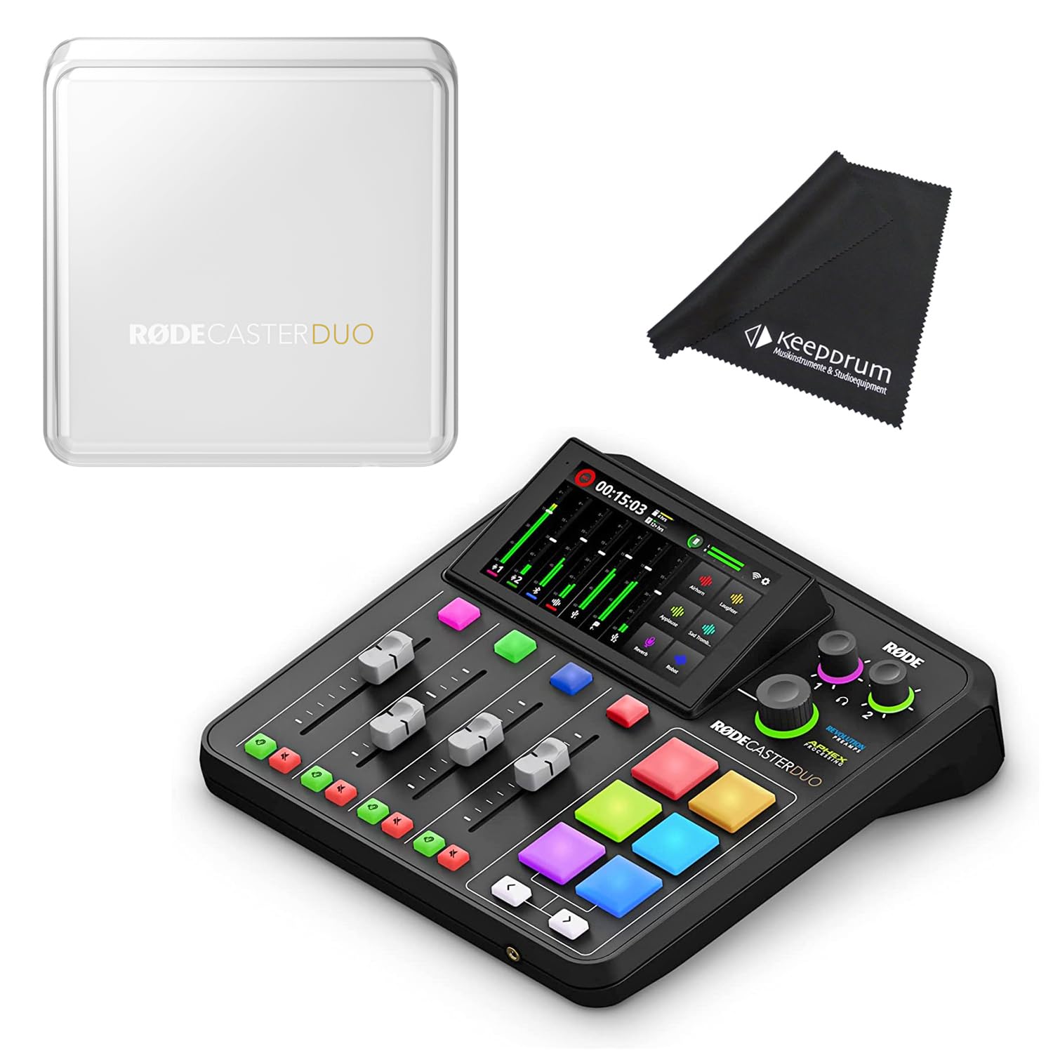 Rode Rodecaster Duo Mischpult mit Rodecover Duo Schutz-Abdeckung und keepdrum Mikrofasertuch