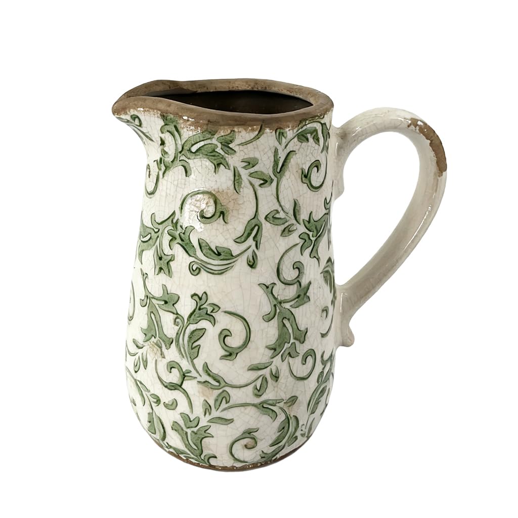 Vintage Style Ceramic Flower Vase Distressed Effect Crackle Glaze Green Botanical Floral Print Ceramic Vase Pitcher Jug Spring Summer Home Gift Decoration (DZ85)