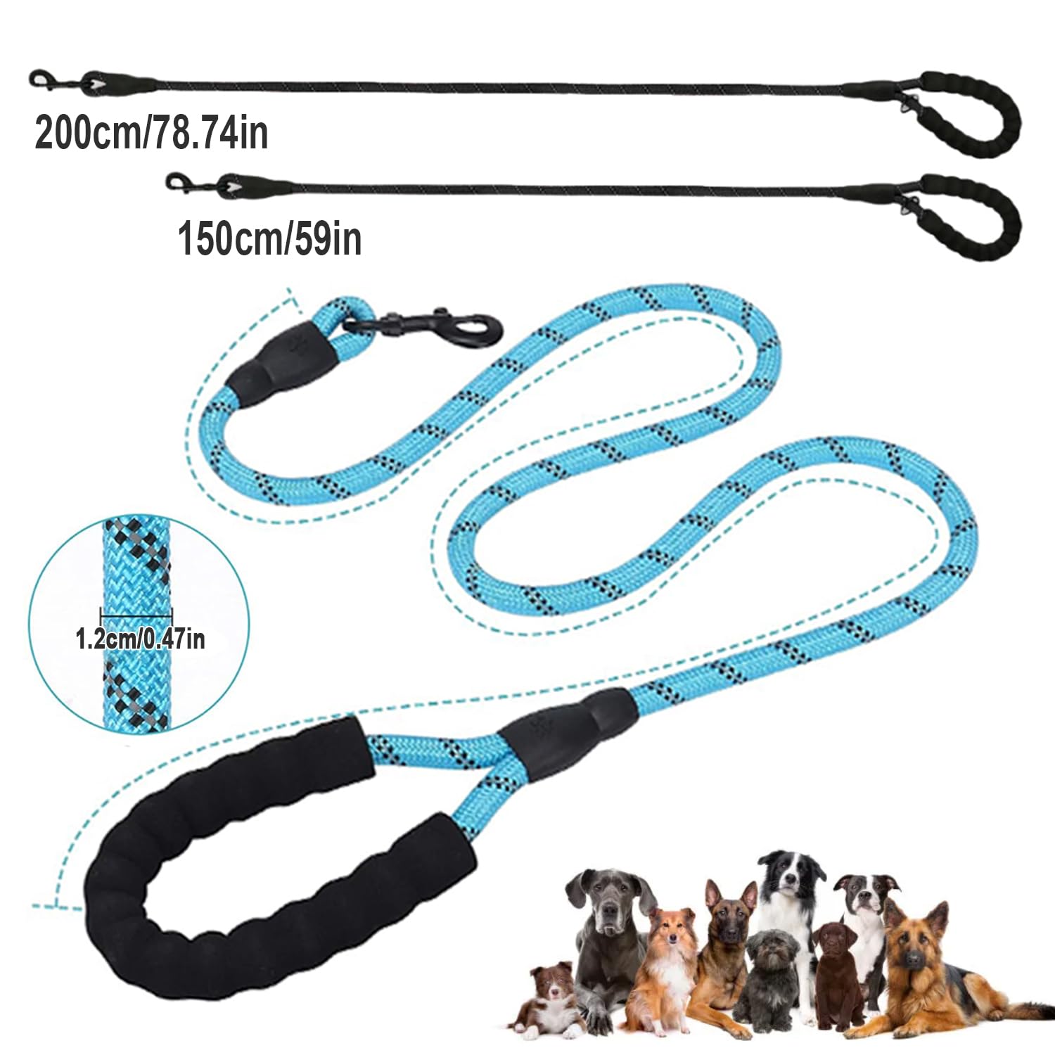 Rope Dog Lead with Soft Padded Handle, 1.5m/2m Reflective Lead and Multi-Colour for Medium Large Dogs 1.2 cm, Blue - Image 2