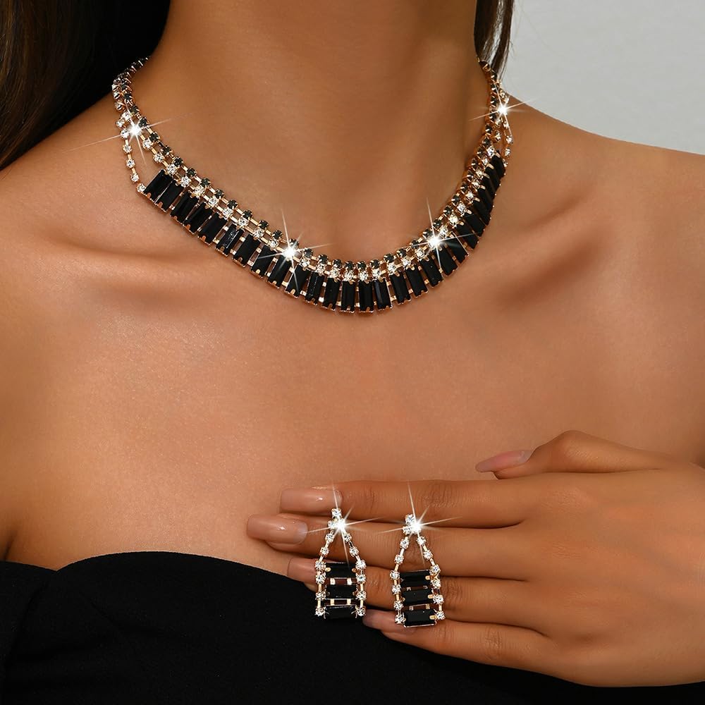 Boho Fashion Prom Shinny Black Rhinestones Choker Necklace Earrings Set Dainty Layered Sexy Choker Necklace Gold Black Halloween Christmas Necklace for Women - Image 2