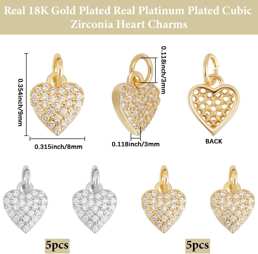 Beebeecraft 10Pcs 2 Colors Tiny Heart Charms 18K Gold& Platinum Plated Love Cubic Zirconia Charms with Jump Ring for Jewelry Making Bracelets Necklace DIY Crafts 9x8x3mm