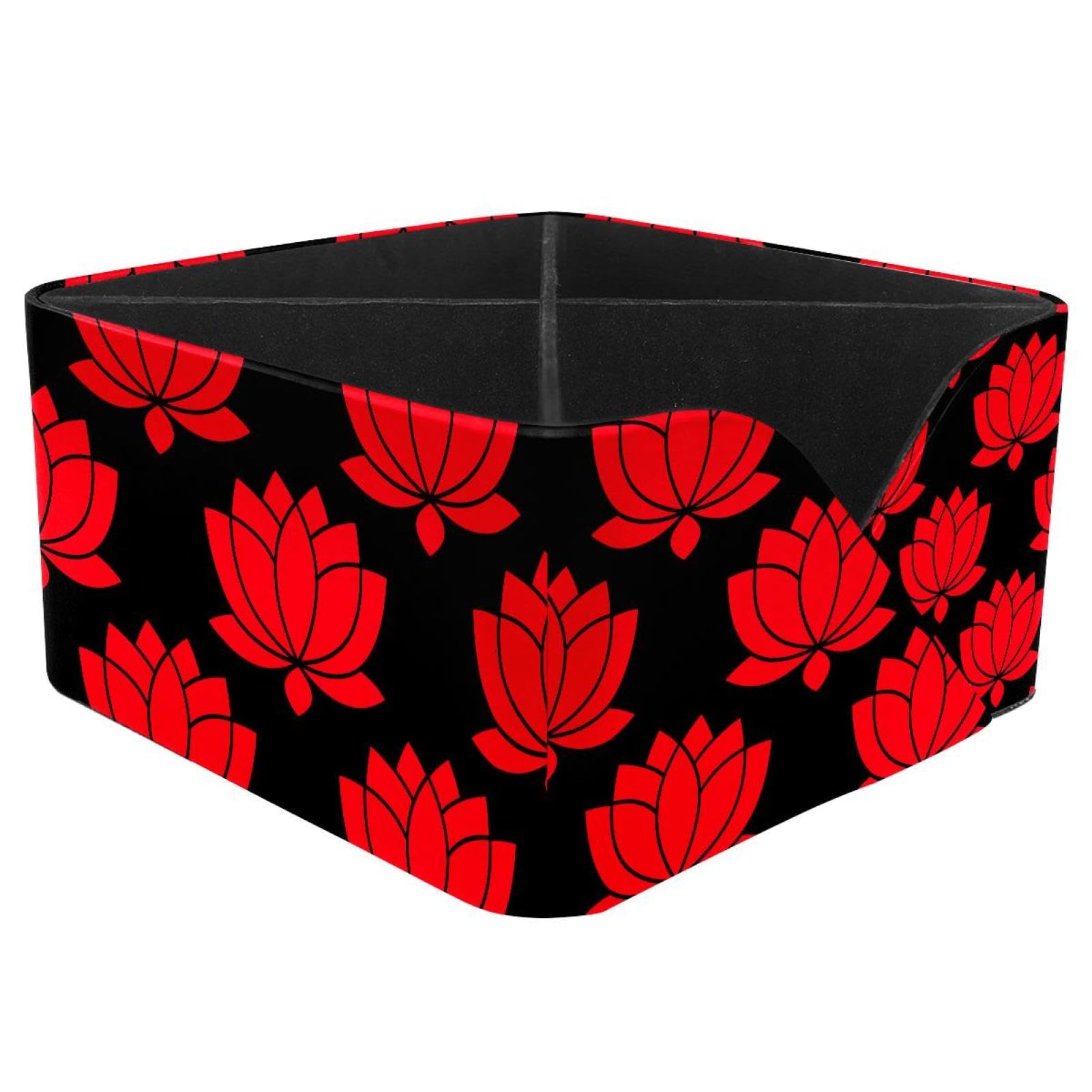 KengjuTesu Botanical Lotus Flower Red Pattern Desktop Organizer Pen Holder, Rectangular Pencil Cup for Office, Study and Makeup Stations