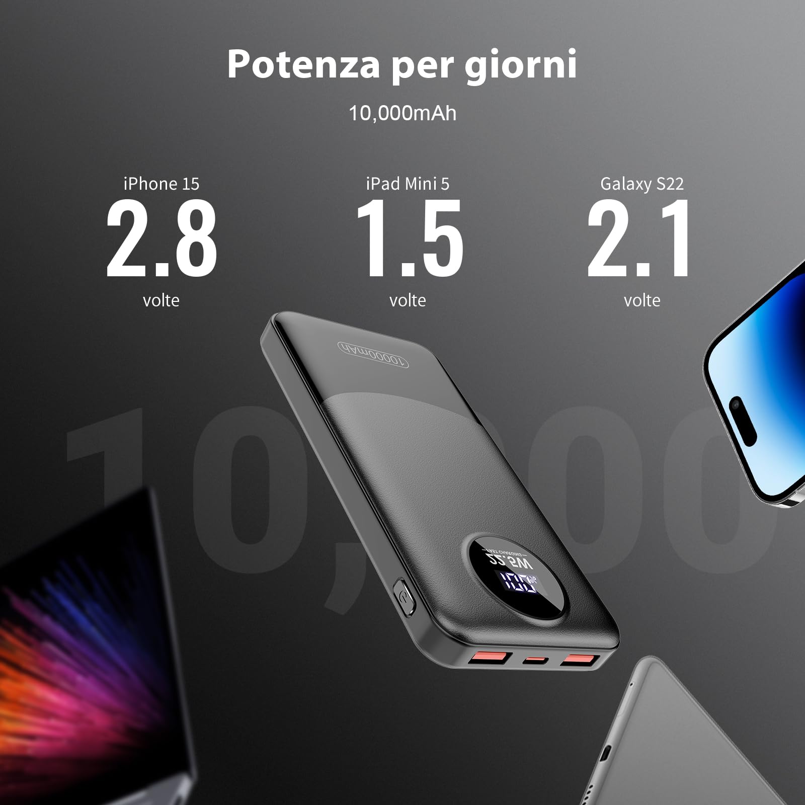 Power Bank 10000mAh, PD 22.5W Ricarica Rapida powerbank, QC 3.0 USB C caricatore portatile Con LED Display Batteria Esterna per iPhone 16 15 14 13 12 Pro Max Mini Plus smartphone Android etc Nero