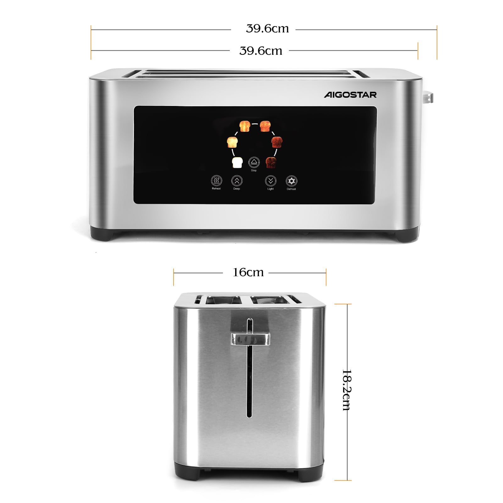 Aigostar Grille-Pain 4 Tranches, Écran Tactile LED, Grille Pain à Fentes Longues, Fente Extra Large de 4 cm & Auto-Centrage, 6 Niveaux de Dorage, Réchauffage, Décongélation & Annulation, 1400W