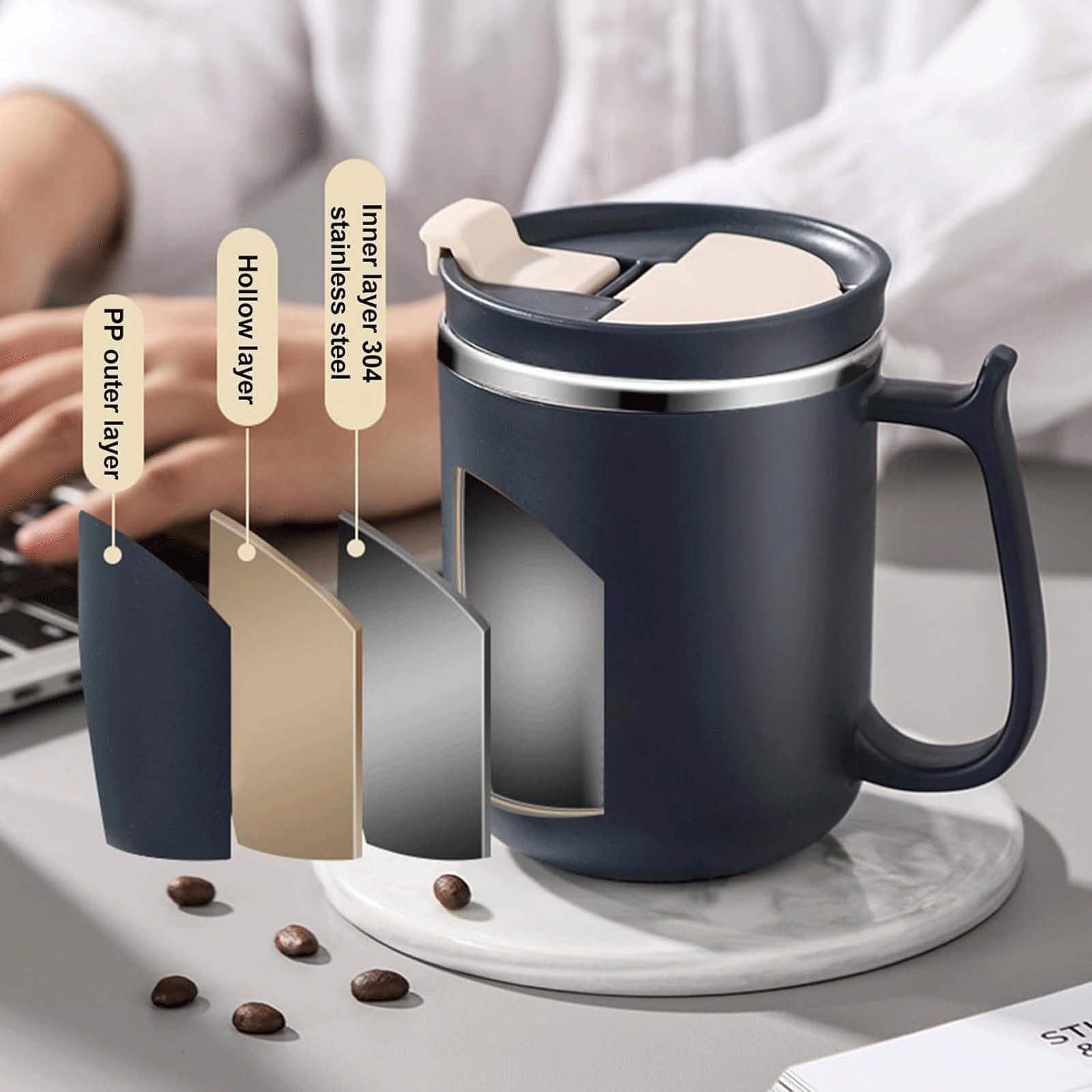 esmen Teetasse, 500 ml, Isolierbecher, Edelstahl, isolierter Kaffeebecher mit Griff, Reise-Kaffeetasse für den Alltag, Reise-Kaffeetasse