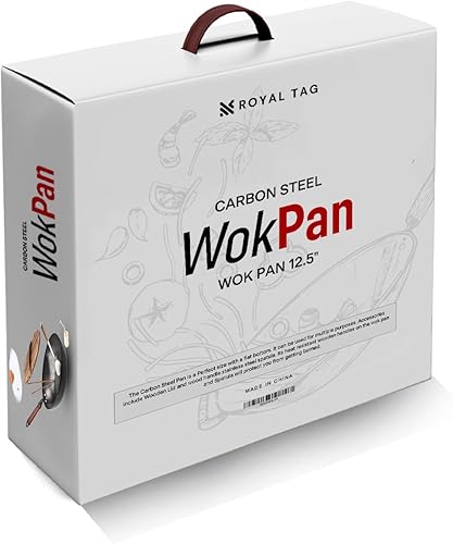 Miniatura 3 de Royal Tag Sartén wok de acero al carbono de 13 pulgadas con tapas (1 vidrio + 1 madera) y espátula, 8 piezas woks y sartenes para freír sin