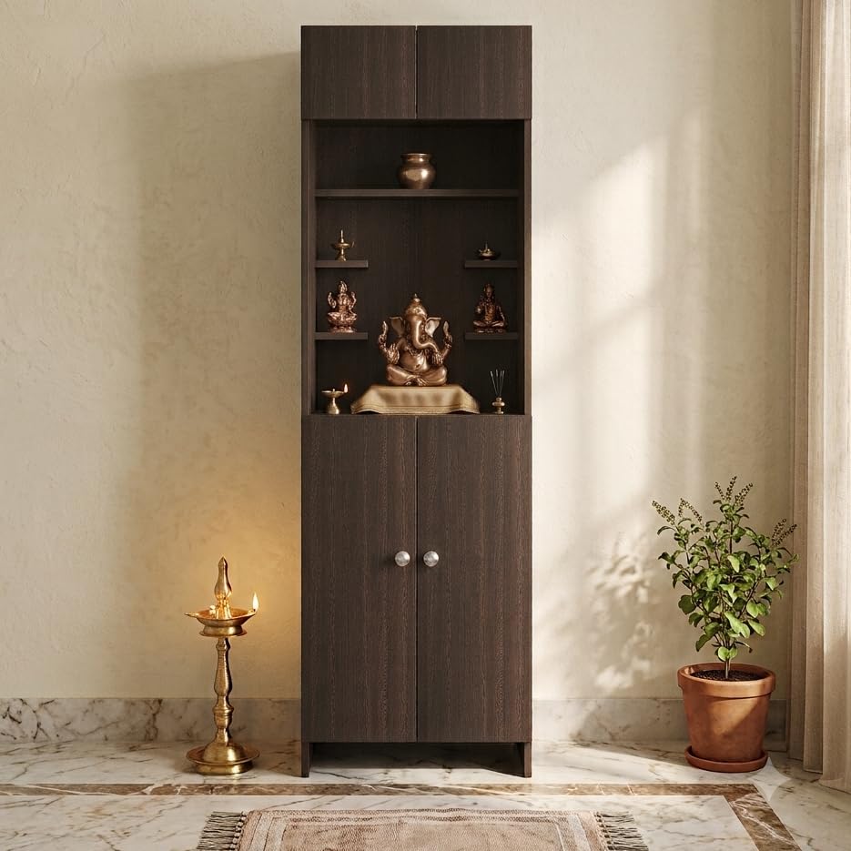 Image of FURNEASER Shivika Wooden Pooja Mandir for Home with Storage Cabinet | Floor Standing Temple with Doors & Shelves | Modern Engineered Wood Mandir for Living Room (Wenge Finish, Large Size)