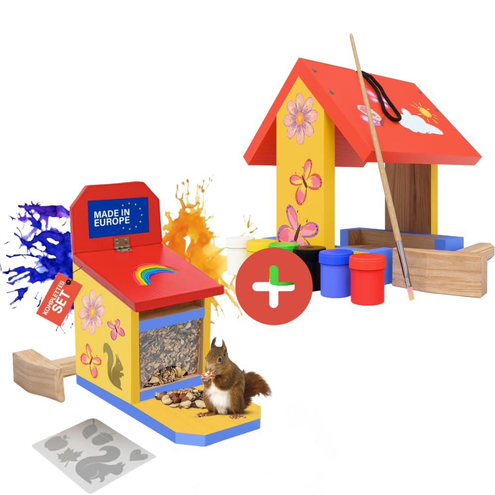 Eli® Eichhörnchen + Vogel Futterhaus Bausatz für Kinder aus Kiefernholz DIY | zum Bemalen – inkl. 6 Farben - Pinsel - Hammer - Schraubendreher - Schablonen & Vorlagen - Geschenk Junge - Mädchen - Holz