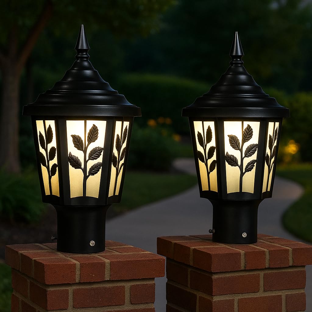 Kinis Leaf Pattern Design and Black Metal Finish Pillar Light for Outdor Gate light for home gate/Gate lamps for outdor waterprof/Pillar Lights for Outdor for Boundaries, Pack of 2 (Bulb Not Included)-image-22